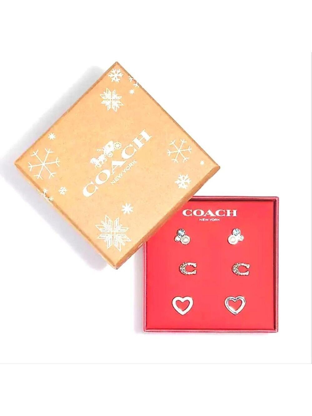 COACH SIGNATURE STONE CLUSTER HEART 3 PAIRS EARRINGS SET SILVER & BLUE COACH BOX